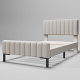 thumbnail of Polsterbett Einzelbett 90×200 mit verstellbarem Kopfteil, gepolstert, Leinenbezug, Massivholz und Metallrahmen, Schlafzimmer, Gästezimmer, Grau-Beige