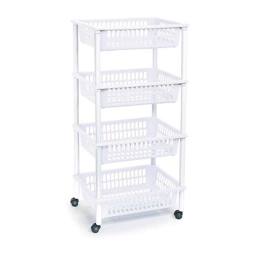 Carrinho de legumes de cozinha branco com 4 níveis e rodas para frutas