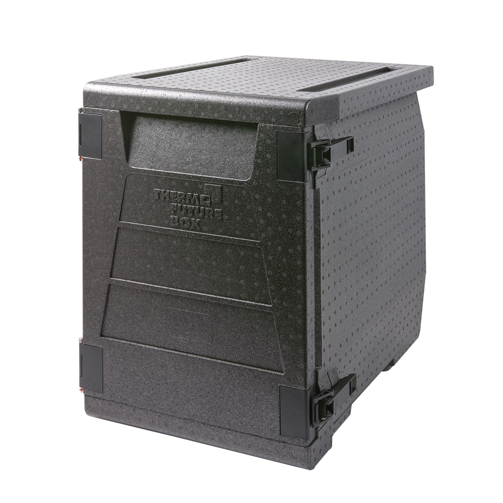 Thermo Future Box, Frontlader GN 1/1, Isolierbox mit Fronttür, schwarz, 93 Liter, 12 Einschübe, nachhaltig aus EPP