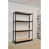 thumbnail of SCHULTE Regalwelt rekken voor zwaar gebruik met 4 houten planken, 180x120x40 cm (HxBxD), draagvermogen per niveau ca. 150 kg, zwarte structuur