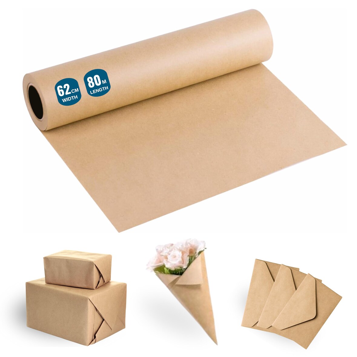Kraft Natur Geschenkpapierrolle 62cm x 80m – Für Handwerk, Souvenirs und Weihnachtsgeschenke