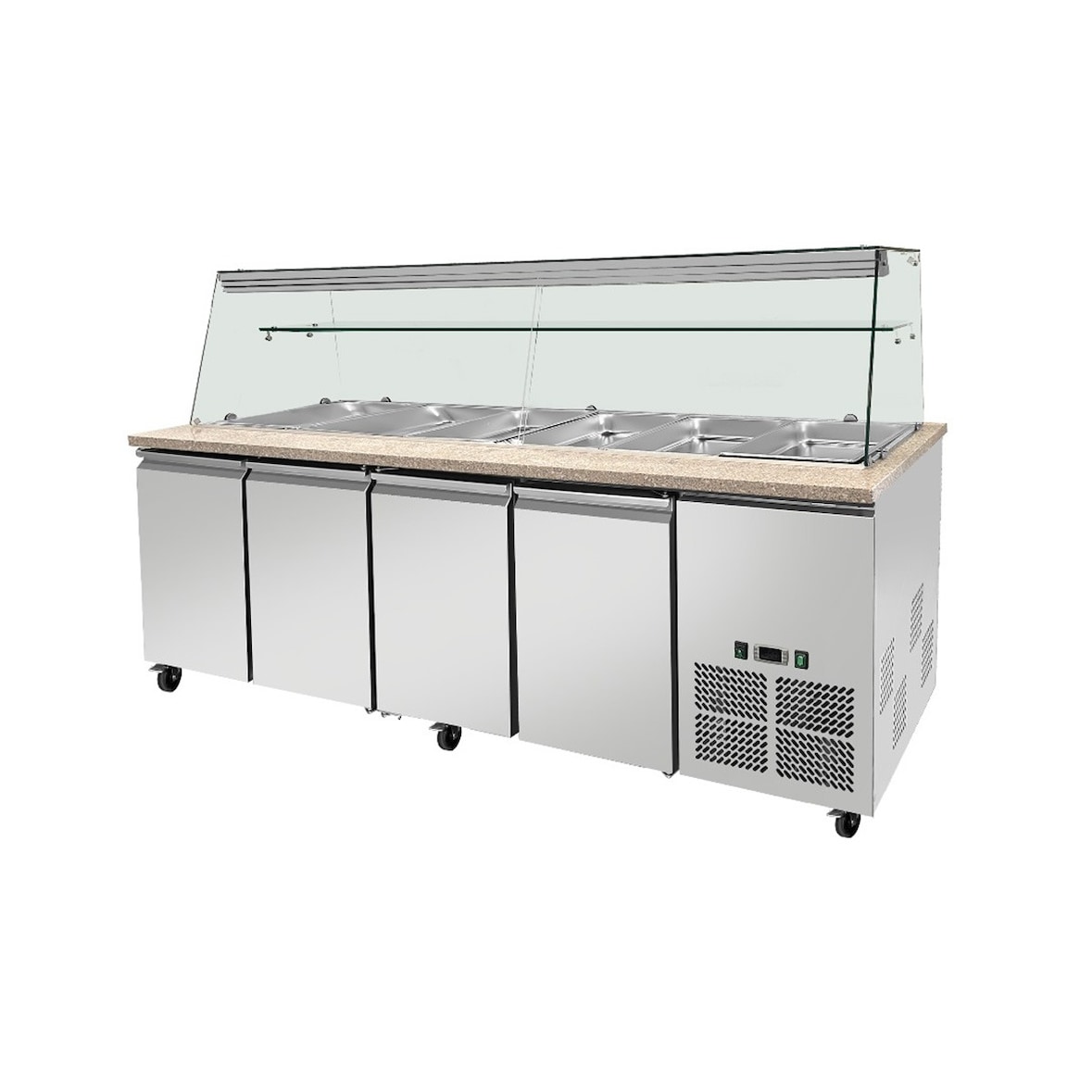 SNACK-Line, mostrador frigorífico, 6x GN1/1, granito rosa-gris, 223x82x85,5, estructura de cristal transparente con estante intermedio, H=496mm