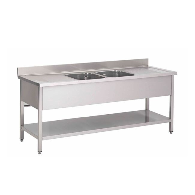 Gastro-Inox Spültisch mit 2 Becken mitte Grundboden und Aufkantung1500x700x880mm