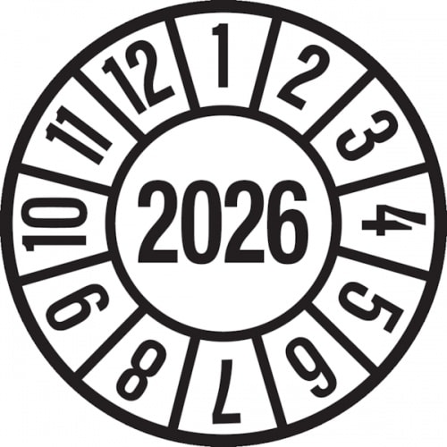 Jahresprüfplaketten ab 26, Jahresfarben, Ø 35mm - Bogen = 10 Plaketten - 35 mm Dokumentenfolie selbstklebend