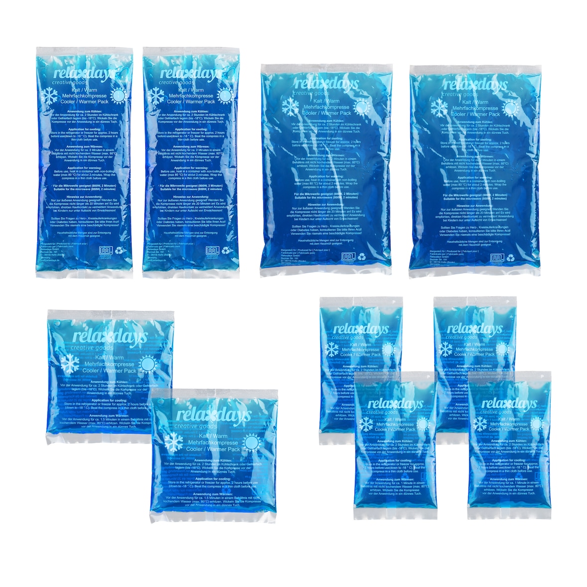 Relaxdays Kühlpads, 10er Set, 4 Größen, Kalt Warm Kompressen, mikrowellengeeignet, Gel Kühlkompressen, Kühlpacks, blau