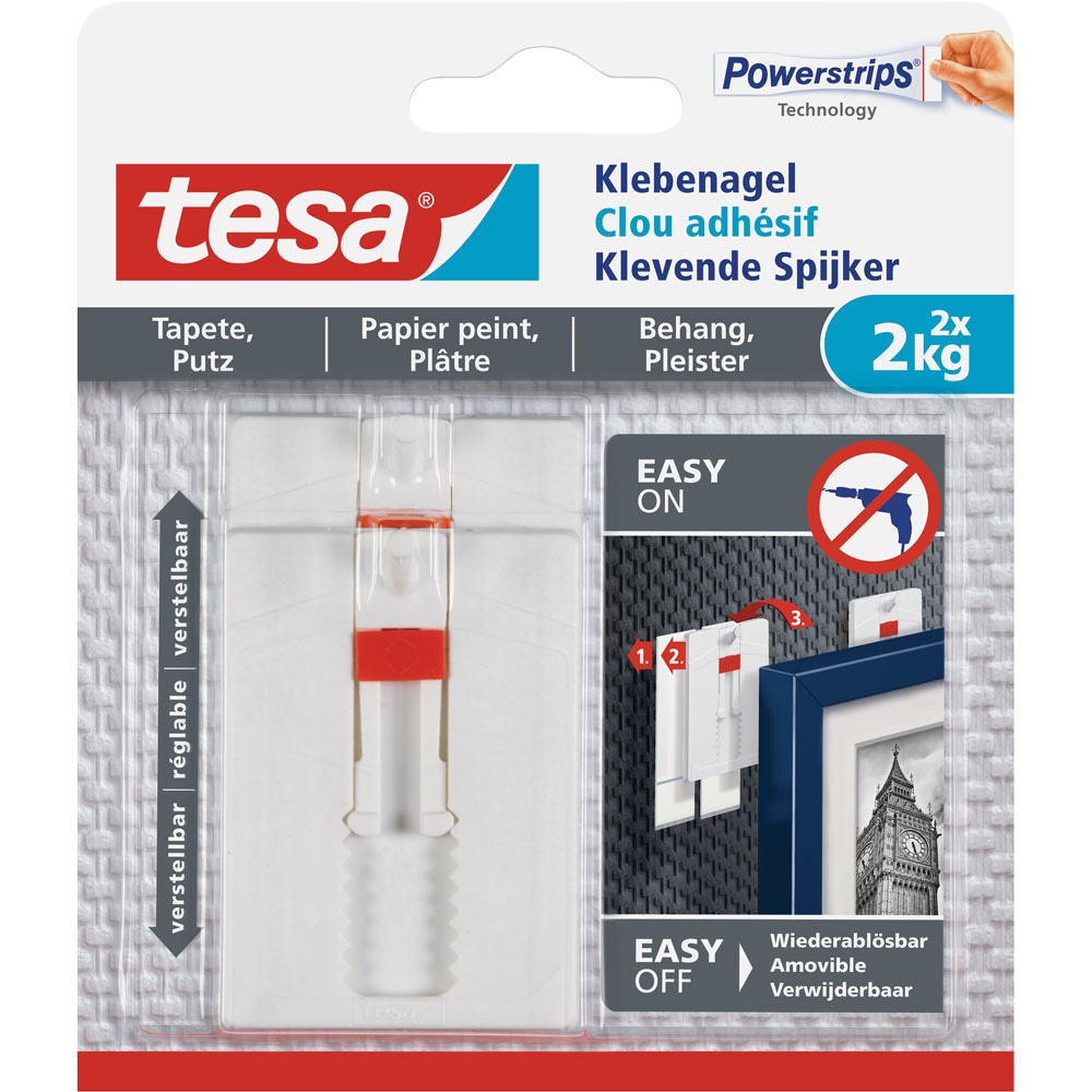 Tesa 77777-00000 1x2 Tesa Verstellbarer Klebe- nagel für Tapeten und Putz 2 kg(T)