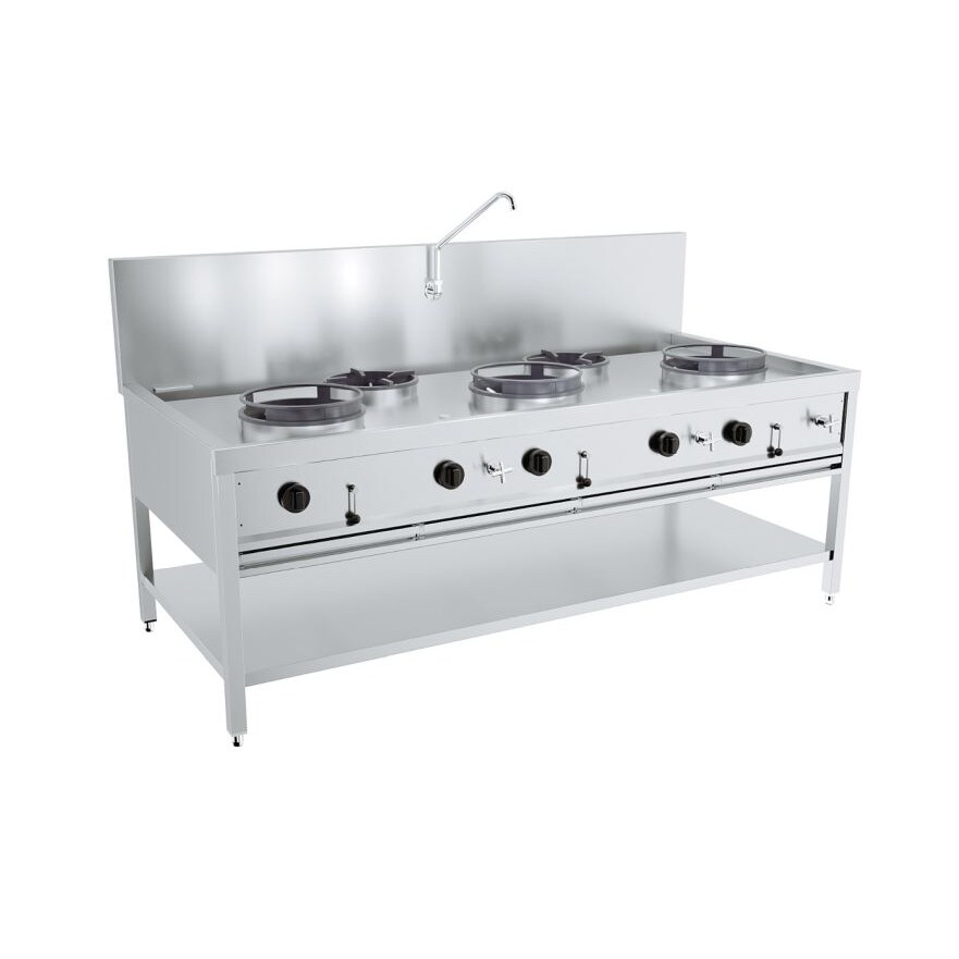 Combisteel gas woktafel met 5 branders en onderstel 2000x900x750mm