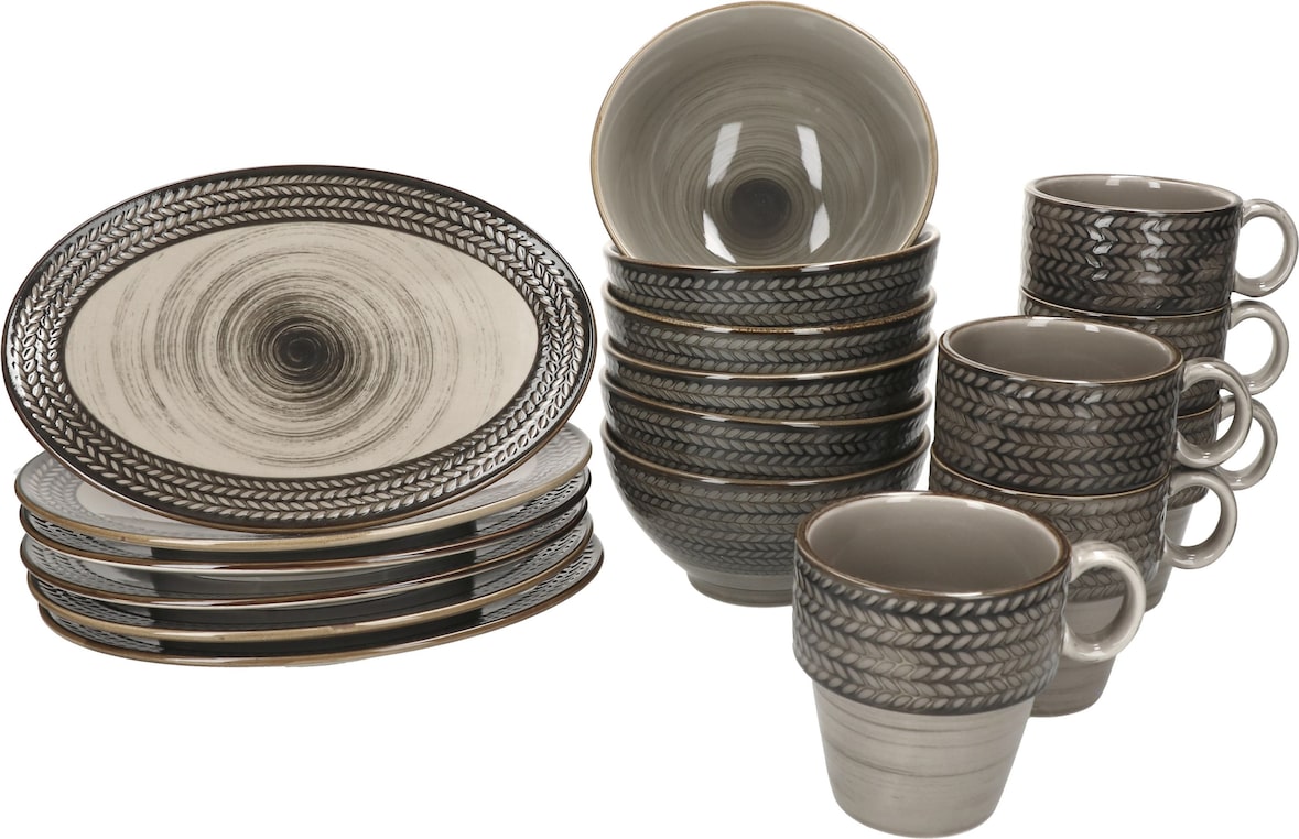 Mäser Prospero 18tlg Frühstücksset Porzellan braun Relief Platten Schalen Becher