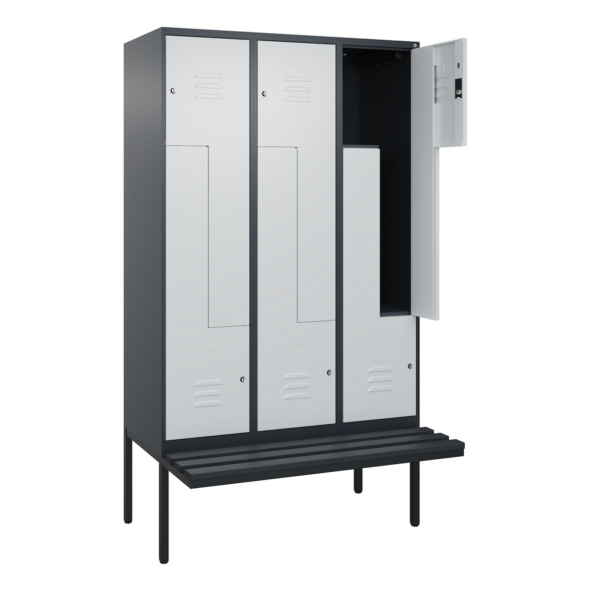 C+P Z-Spind Classic PLUS, Kunststoff schwebende Sitzbank, 6 Abteile, HxBxT 212x120x82cm, Zylinderschloss, Anthrazit/Hellgrau von PROREGAL