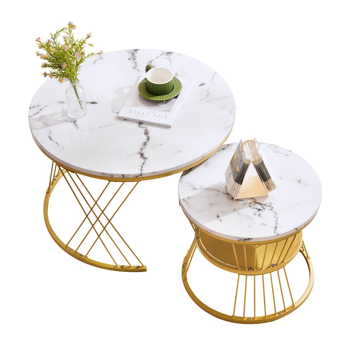 Couchtisch Set 2tlg rund Weiß+Gold Nesting Sofatisch Hochglanz Marmormuster MDF Beistelltische platzsparend mit Metallgestell 45×70×70 cm