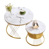thumbnail of Couchtisch Set 2tlg rund Weiß+Gold Nesting Sofatisch Hochglanz Marmormuster MDF Beistelltische platzsparend mit Metallgestell 45×70×70 cm