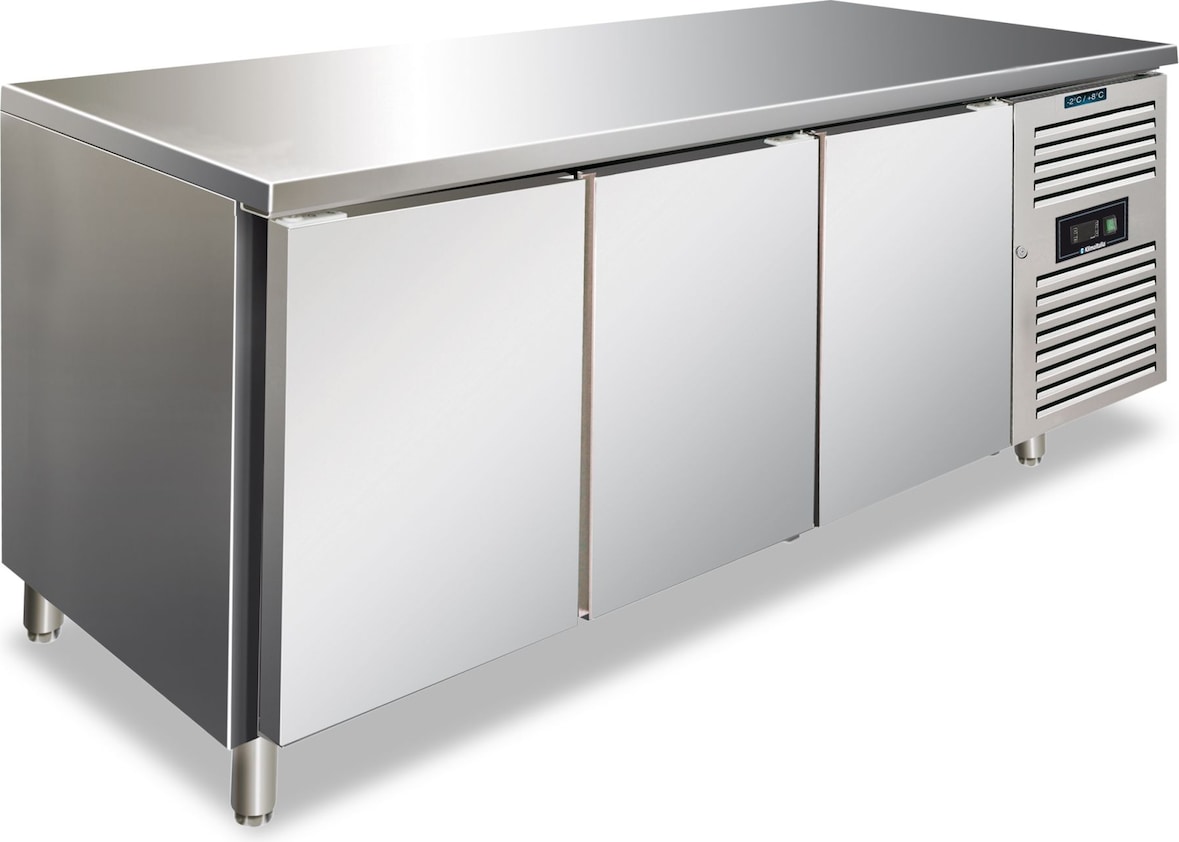 KLIMAITALIA Edelstahl-Kühltisch mit 3 Türen. Klasse B tropisiert. Automatisches Auftauen. Temperatur -2°C/+8°C.  Maße LxWxH 179,5x70x86 cm. CXF3100TN