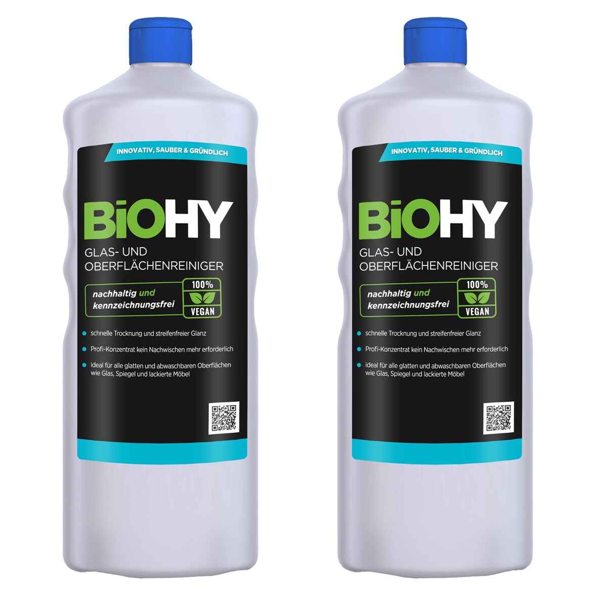 BiOHY Glas- und Oberflächenreiniger (2x1l Flasche) | Konzentrat | Universalreiniger | Intensiv & Nachhaltig reinigender Automatenreiniger