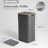 thumbnail of Björn&Schiller Wäschekorb hoch und schmal, grau, mit Deckel, 2 Fächer, 40x33x69 cm, Wäschesammler mit Bambusrahmen, 100L