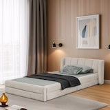 thumbnail of Einzelbett Polsterbett 90x200 cm Beige mit Chenillebezug, ergonomischem Kopfteil und stabilem Bettgestell bis 200 kg, geräuscharm ohne Matratze