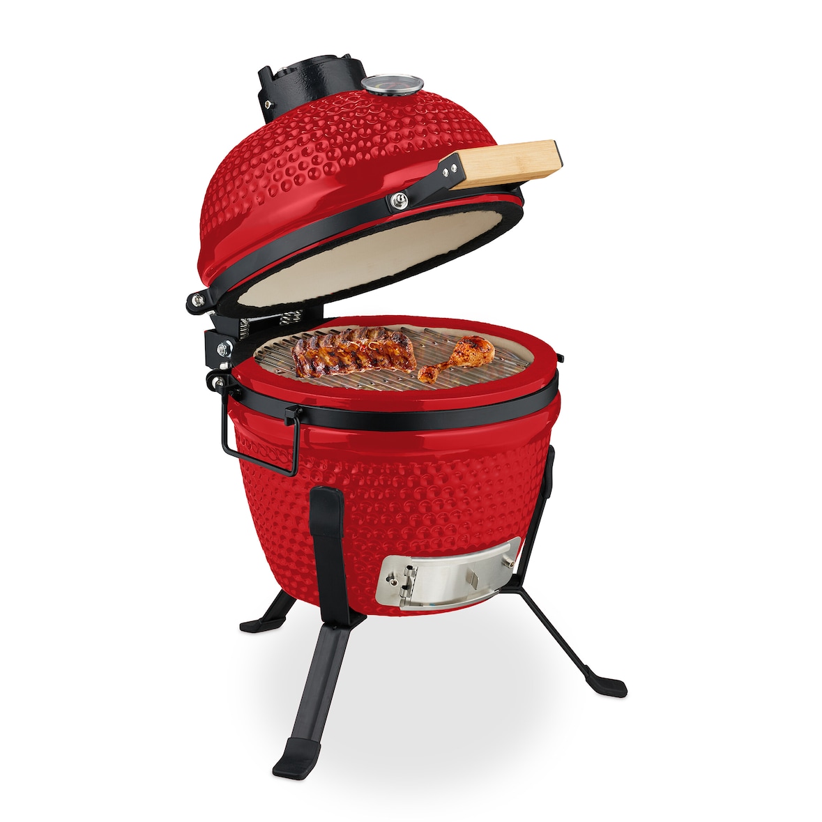 Relaxdays Kamado Grill, Ø 32 cm, Keramikgrill mit Thermometer bis 450°C, BBQ, Grillen, Kochen & Backen, Smoker, rot
