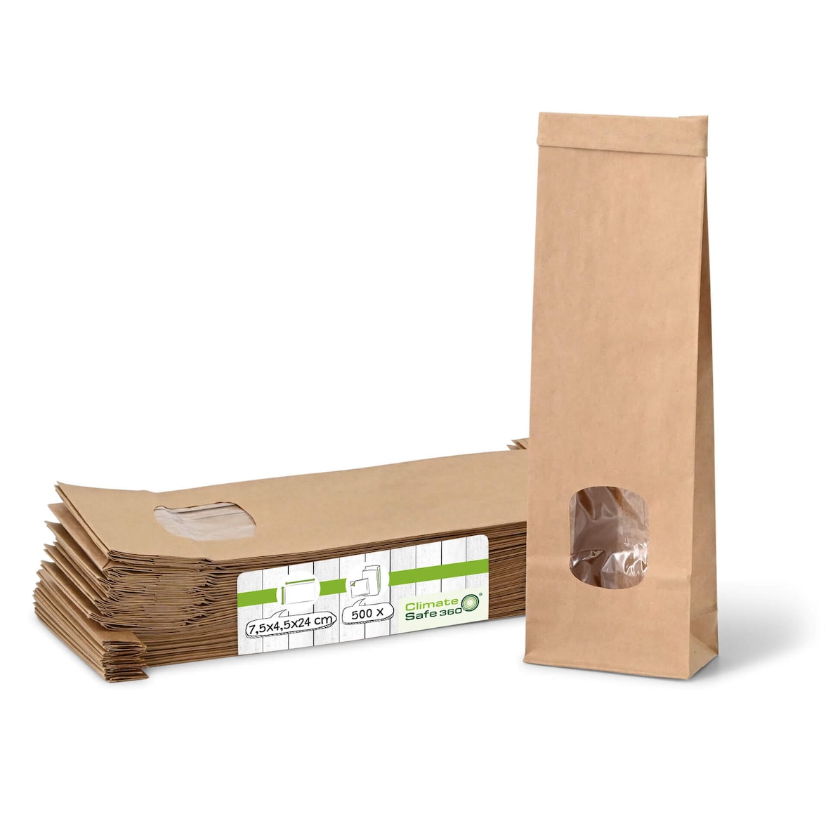 greenbox - Blockbeutel m. Fenster XS, 7,5 x 4,5 x 24 cm, PP-Folie, braun, Clipband, Kraftpapier, 500 St.