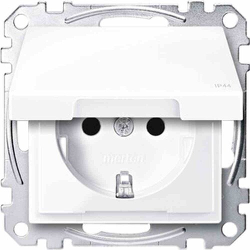 Merten System M Steckdose, 1f, aktivweiß, glänzend, Unterputz, mit erhöhtem Berührungsschutz, horizontal/vertikal, mit Klappdeckel, IP44