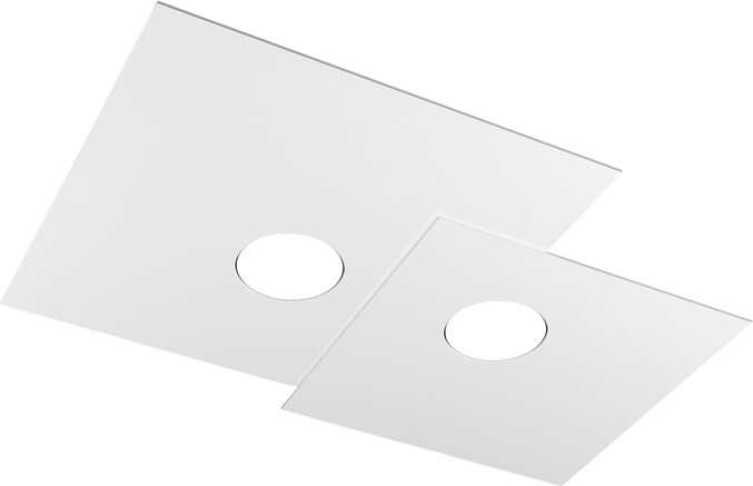 Zwei weiße quadratische Deckenplatten mit Löchern.