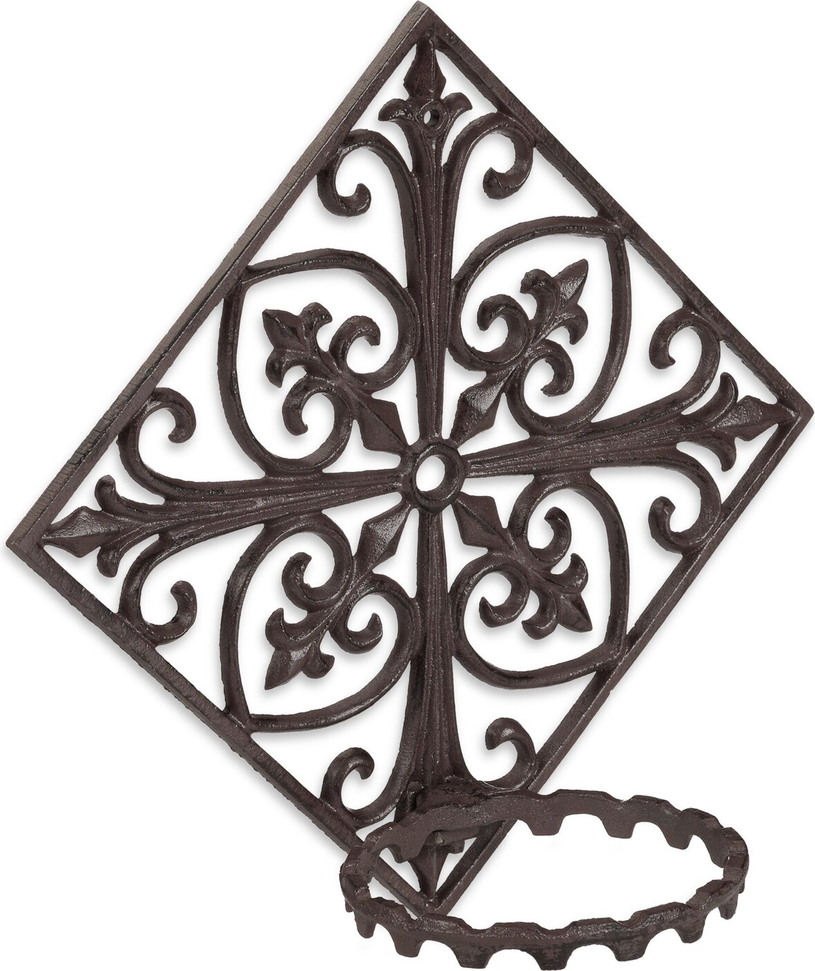 Relaxdays Blumenhalter Wand, Gusseisen, antik, Wandblumentopfhalter Garten, Ø 13 cm, dekorativ verziert, dunkelbraun