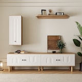 thumbnail of Wohnwand 3-teilig TV Lowboard Vitrine Wandboard Weiß+Naturholz 48x170x40 cm mit geschnitzten Türpaneelen flexiblem Kombi Design und viel Stauraum
