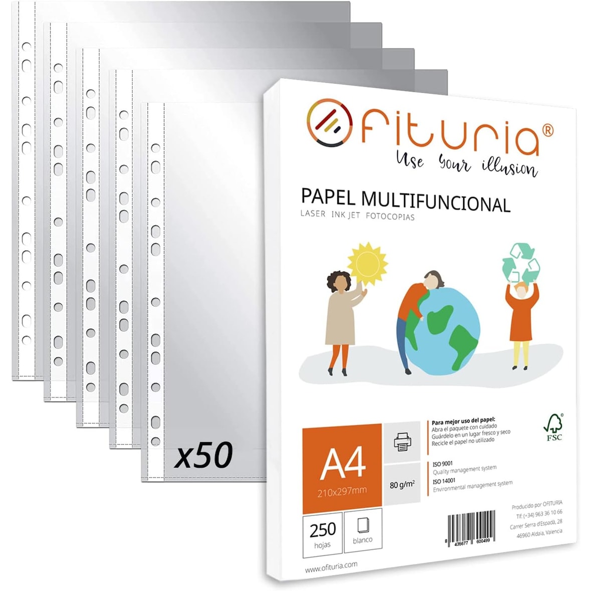 Fundas Plástico A4 Transparente, 50 Fundas Multitaladro Plástico para Folios + Paquete de Folios A4 con 250 Hojas de 80 gr Multiusos, Ofituria