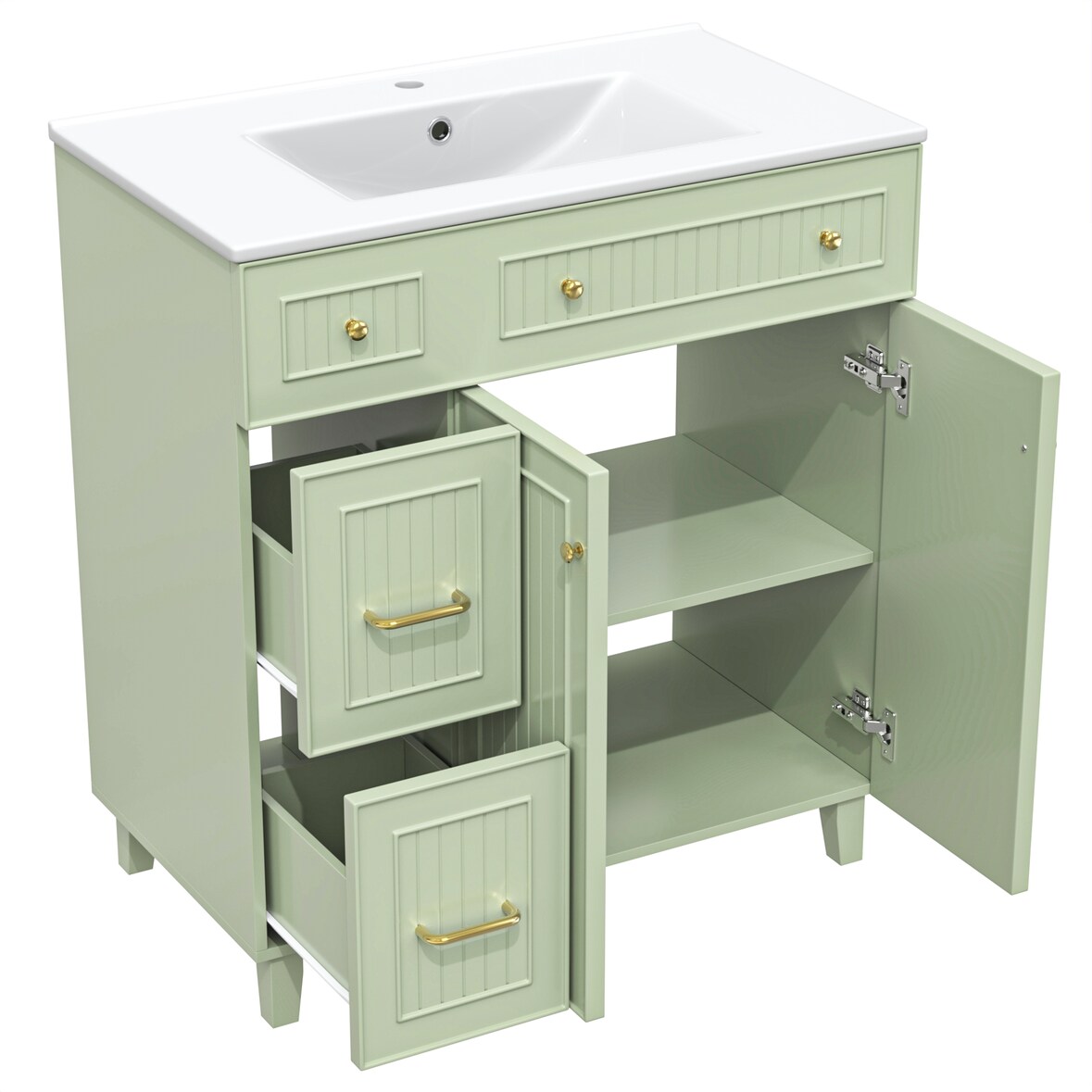 Badezimmerschrank mit Waschbecken 90×82×47 cm – Stehender Badschrank Grün mit Keramikwaschtisch und multifunktionalem Stauraum