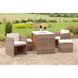 thumbnail of Merxx Merano Set 11tlg., 2 Sessel inkl. Sitz- und Rückenkissen, 2 Hocker inkl. Sitzkissen, 1 Tisch 127 x 70 cm, Stahl/Kunststoffgeflecht, savannagrau