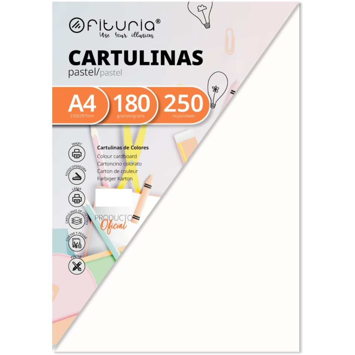 Pack 250 Blanco, Cartulina A4 180g, Colores para Manualidades, Diseños Creativos y Proyectos de Arte · Ofituria