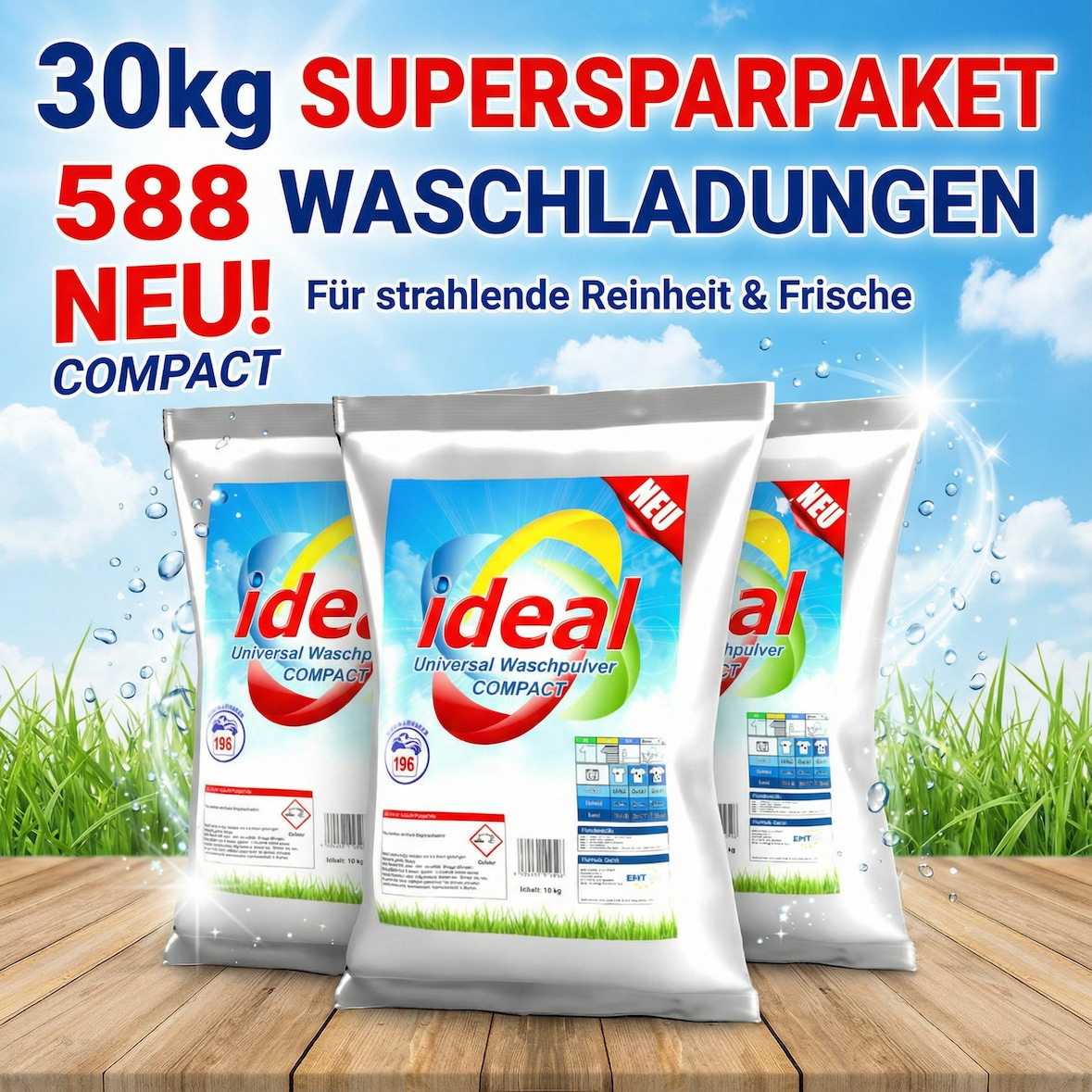 30kg ideal Universal Waschpulver COMPACT / 588 Waschladungen - 3 x 10 Kg