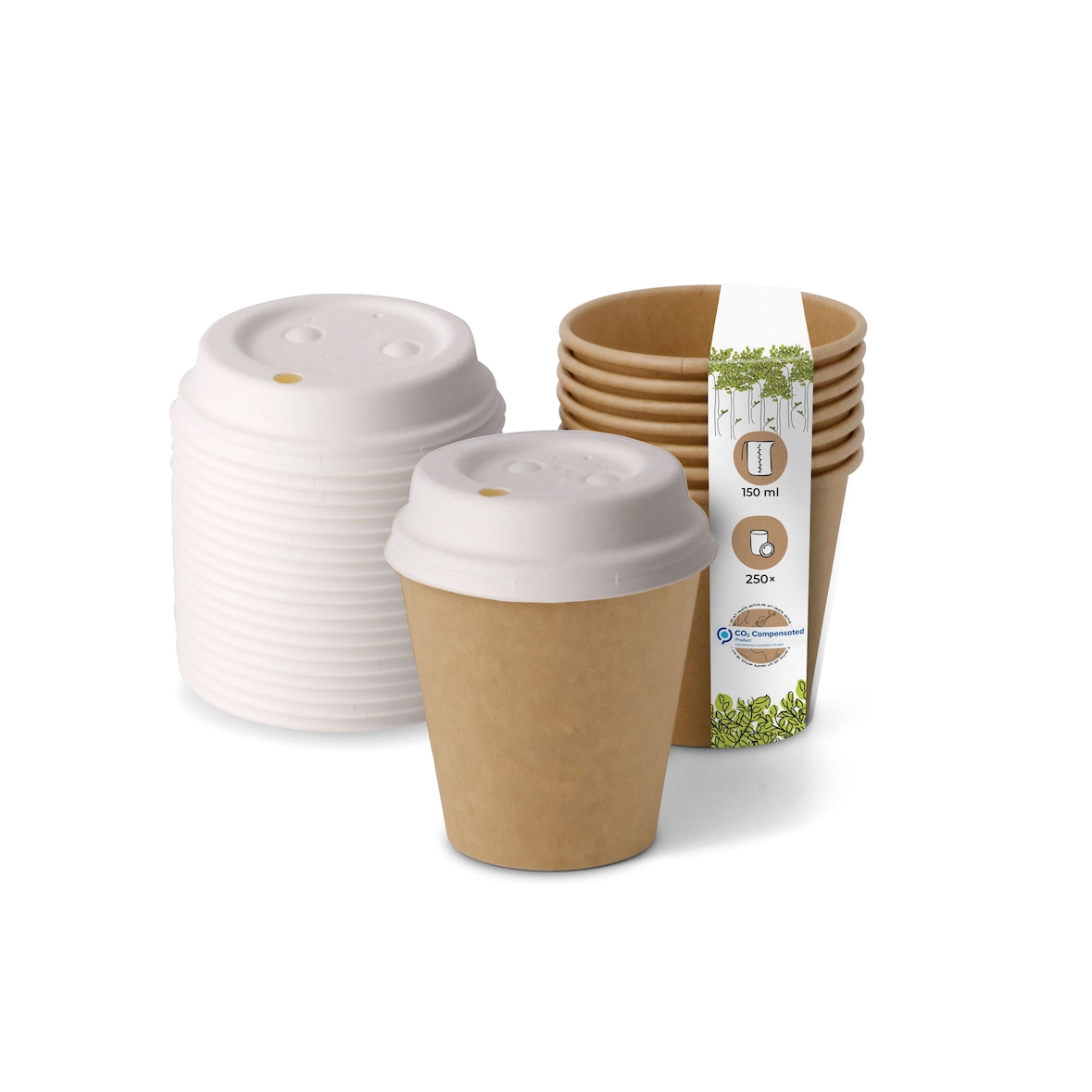 BIOZOYG 250 Stück Kaffeebecher mit passenden Pappdeckeln 150ml / 6oz Einwegbecher Pappbecher Kaffeetassen ungebleicht kompostierbar nachhaltig