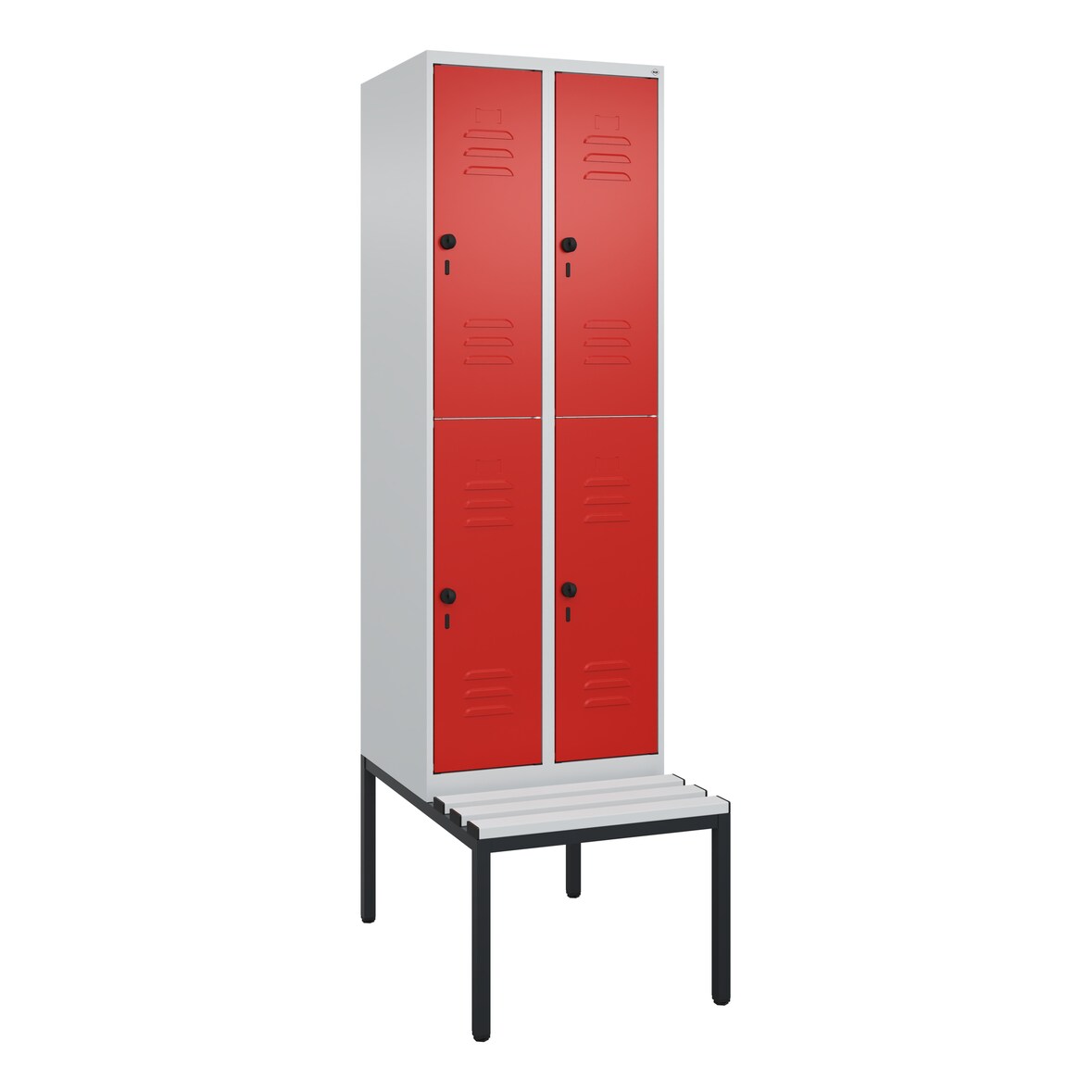 C+P Spind Classic PLUS, Kunststoff untergebaute Sitzbank, 4 Abteile, HxBxT 212x60x82cm, Sicherheitsdrehriegel, Hellgrau/Rot von PROREGAL