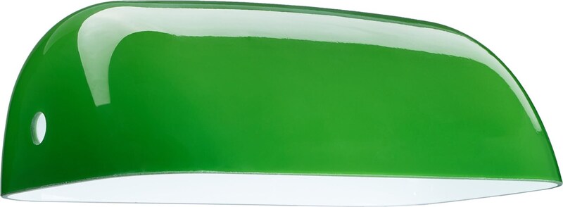 Grüne Lampe mit gebogenem Schirm.