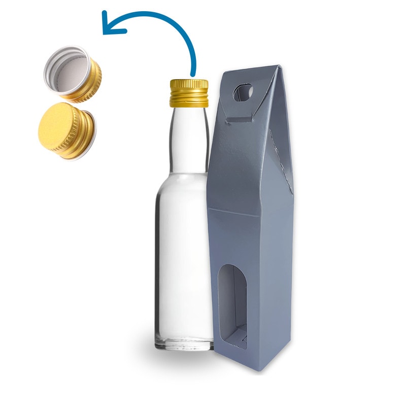 20 Mini Glasflaschen 40ml mit Silbernen Boxen, Hochzeit, Whisky, Rum, Soßen