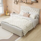 thumbnail of Polsterbett 140x200 Stoffbett Doppelbett mit Stauraum hohes gepolstertes Kopfteil Holzlatten stabil modernes Design Schlafzimmer Beige