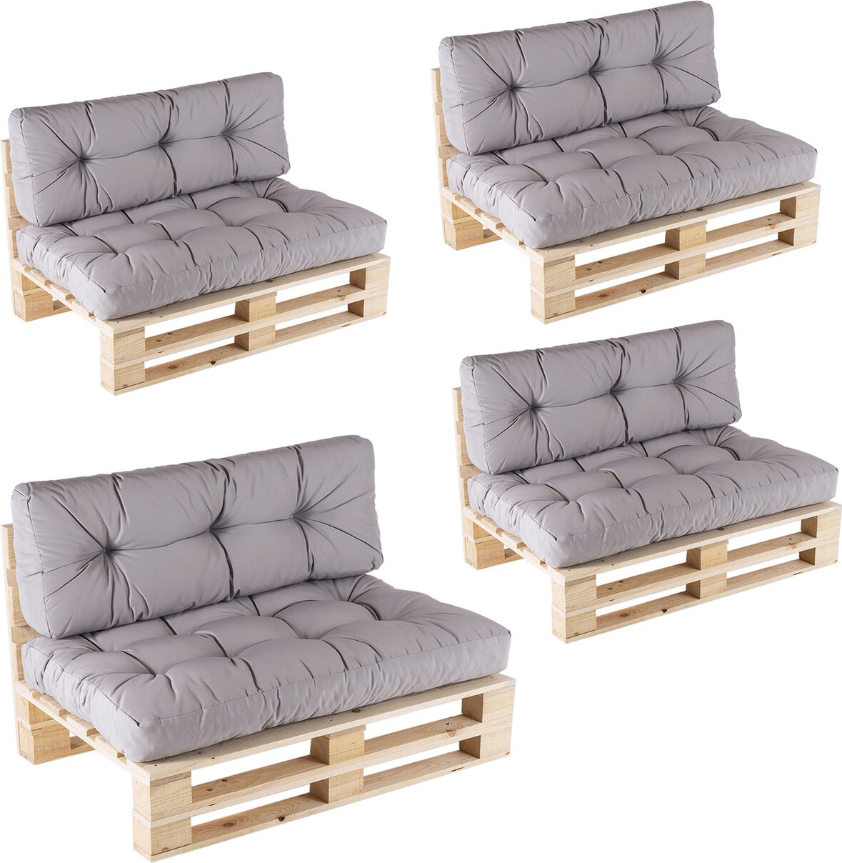 Pack 4 sofás para palets + 4 cojín de asiento 80x120x16 cm + 4 cojín respaldo 42x120x16 cm, Color piedra, Repelente al agua