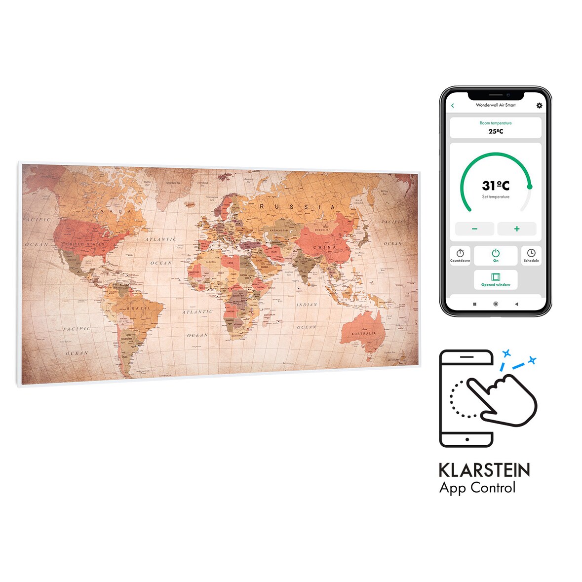 Wonderwall Air Art Smart Infrarotheizung 120x60cm 700W Wandinstallation App-Steuerung Weltkarte Abstrakt