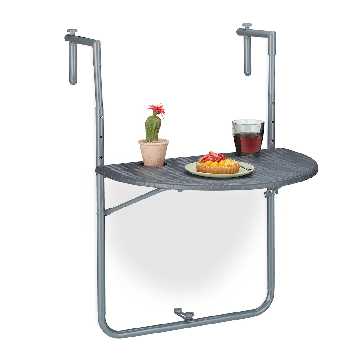 Relaxdays Balkonhängetisch klappbar, BxT: 59,5 x 63 cm, 3-fach höhenverstellbar, 2 Getränkehalter, Geländertisch, grau