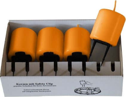4er Set Adventskerzen mit Safety Clip und Kerzenstecker (Haltekrallen) Mango Orange 6 x ? 5 cm