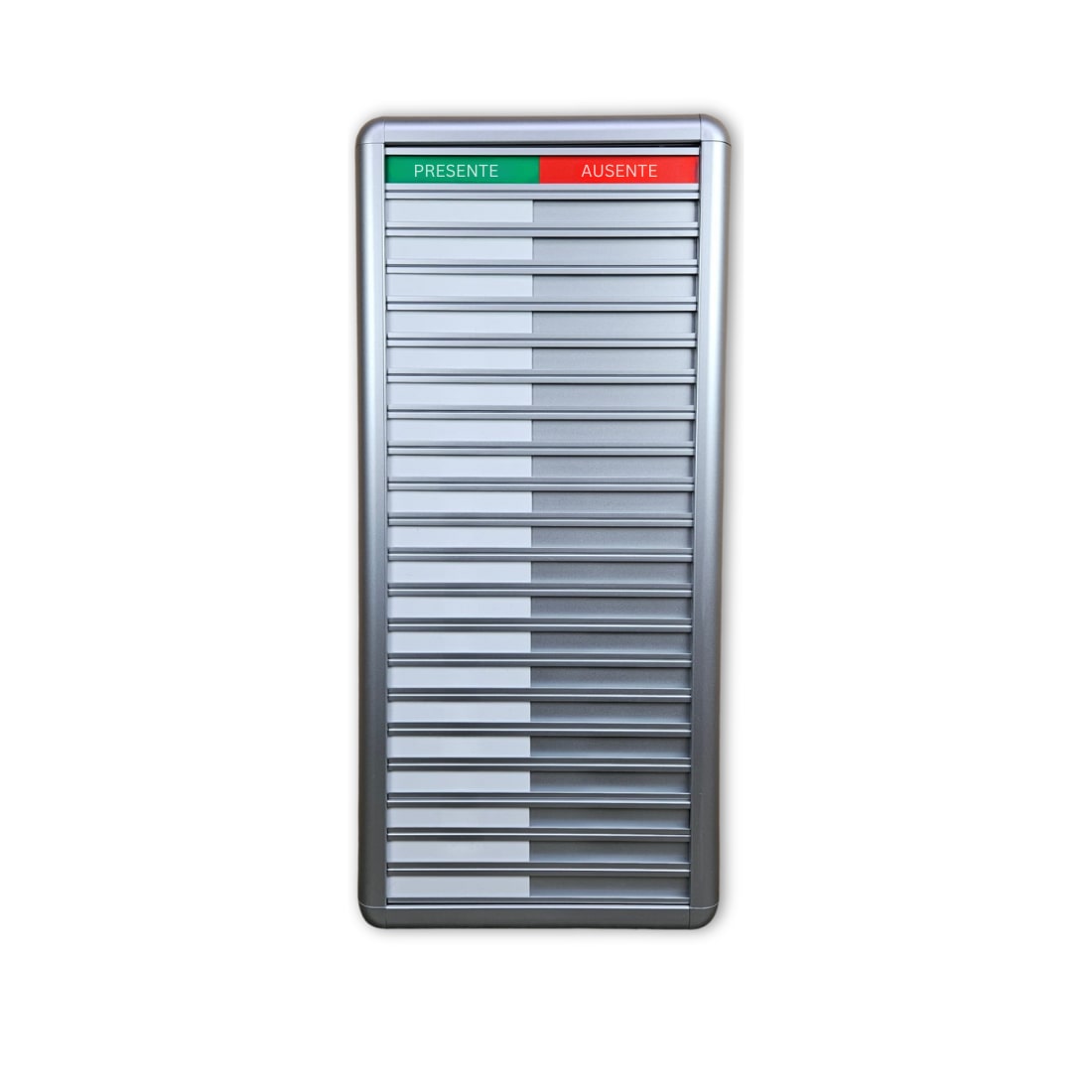 CombiCraft Anwesendheitstafel bzw. Abwesenheitstafel "Presente-Ausente" in einem silberfarbenen Aluminiumschiebeprofil für 20 Personen - 257 x 580 mm