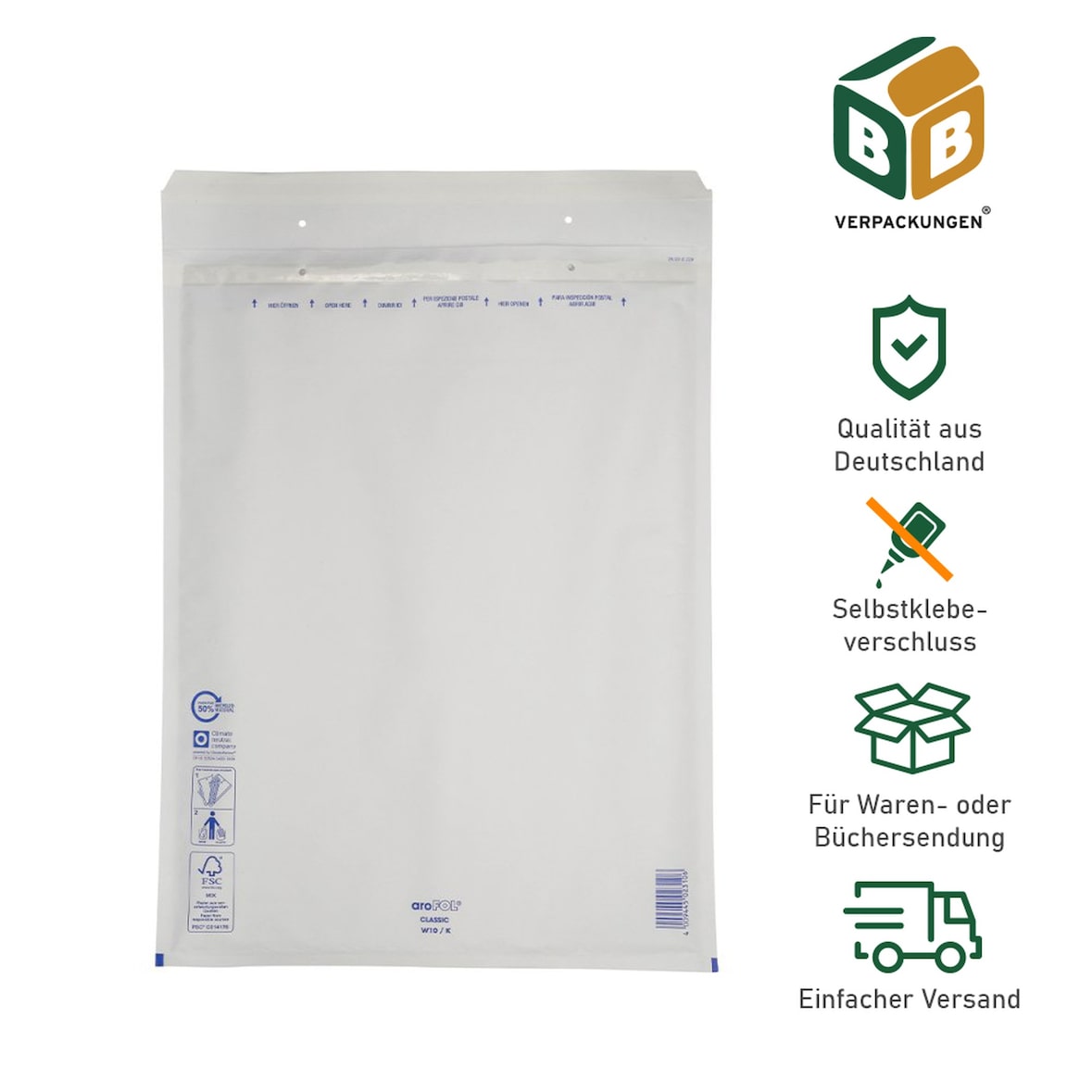 100 x Luftpolsterversandtasche (320 x 455 mm) 10 / K weiß Luftpolstertaschen Umschläge Versandtaschen Selbstklebeverschluss BB-Verpackungen