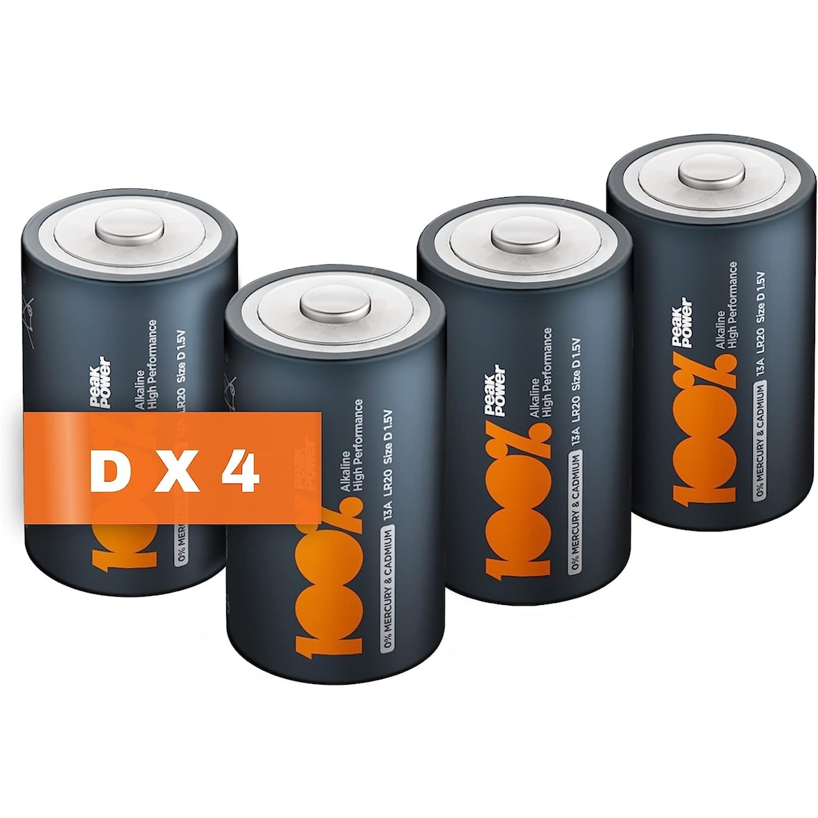 Pilas D - LR20 - Paquete de 4 Unidades  100% PeakPower  Pilas LR20 1.5V  Duración Larga, Tecnología Anti-Fugas, Rendimiento Elevado