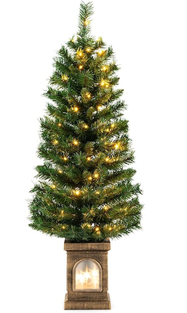 COSTWAY Albero di Natale Artificiale 120 cm con Illuminazione, Albero di Natale in Vaso, Albero in Vaso per Ingresso