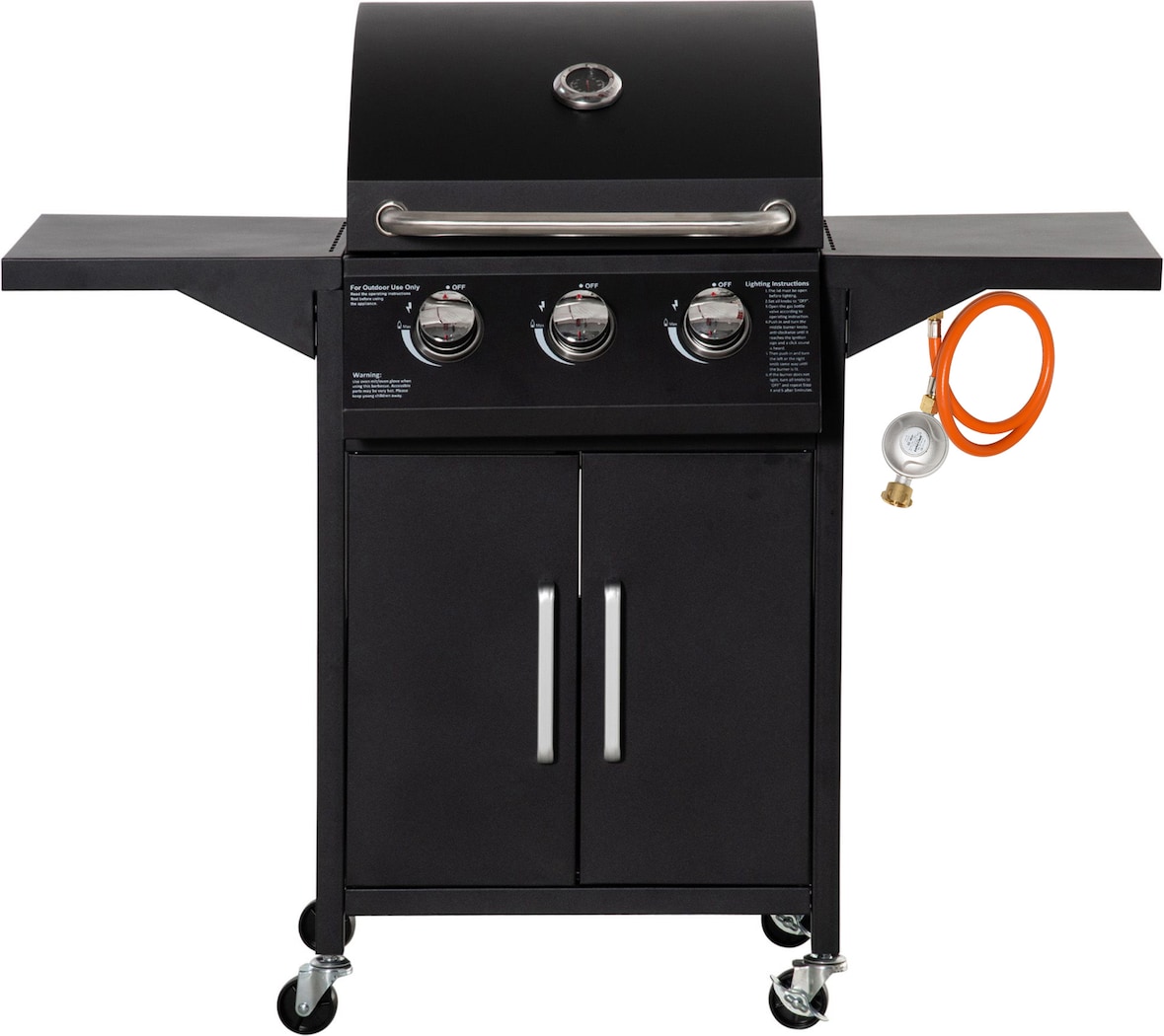 Outsunny barbacoa de gas con 3 quemadores termómetro 2 parrillas de gas con 2 mesas laterales armario de 2 puertas 4 ruedas frenos para BBQ