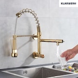 thumbnail of Björn | gastronomia grifo monomando de agua fría oro|grifo cocina profesional acero inoxidable dos rociadores|grifo fregadero doble restaurante pared