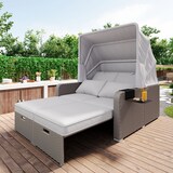 thumbnail of Garten-Loungesofa 2-Sitzer aus Polyrattan in Khaki, mit abnehmbarer Markise, ausziehbar und als Bett oder Relaxsessel nutzbar