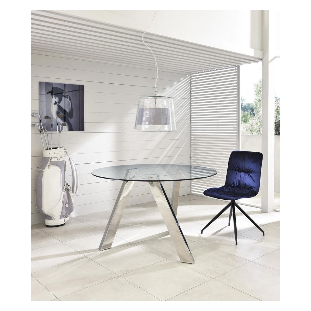 Mesa fija Rondò en cristal templado y patas cromadas grises