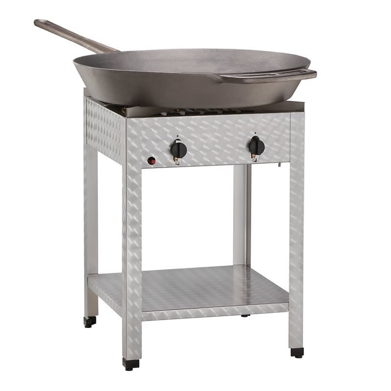 ChattenTec Professional Multibräter Pfannenbräter 2-flammig Standgerät 15 KW, Flüssiggas 600x600x850 mm mit 800mm Eisengusspfanne