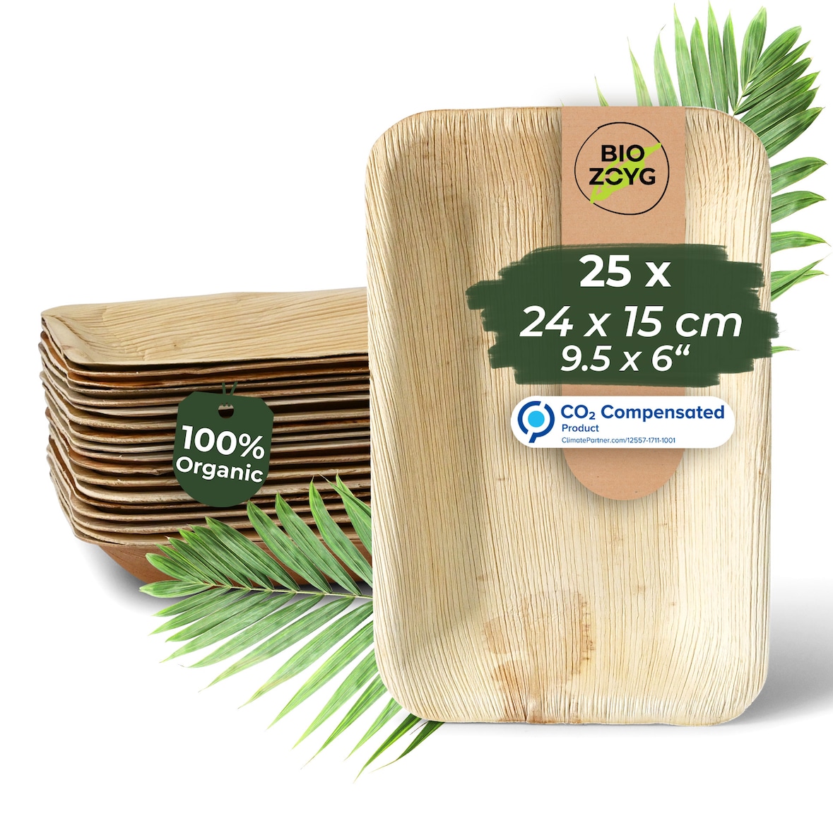 BIOZOYG 25 Stück Einweggeschirr 24x15cm, tief, Palmblatt-Teller rechteckig umweltfreundliche Einwegteller aus Palmenblättern, biologisch abbaubar