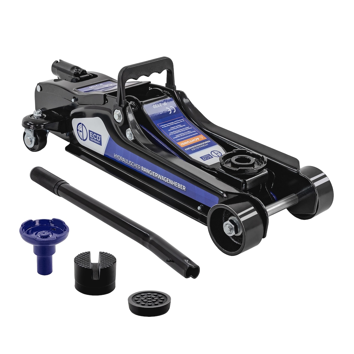 ECD Germany Hydraulischer Wagenheber 2,5T TÜV/GS – Rangierwagenheber mit 2x Gummiauflage & SUV-Adapter, Hubhöhe 80–360 mm, 360° Rollen, Montagehilfe